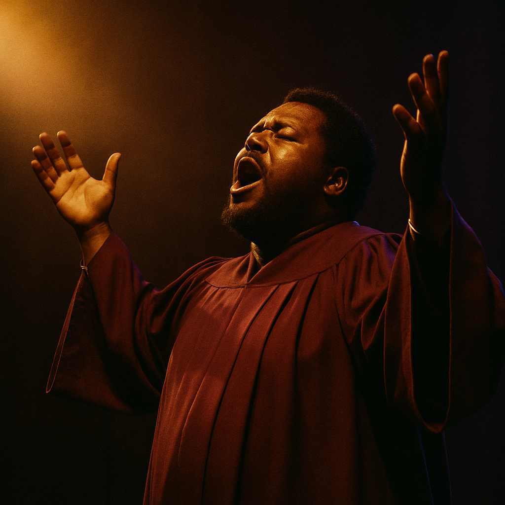 Gospel singer performing under warm stage light