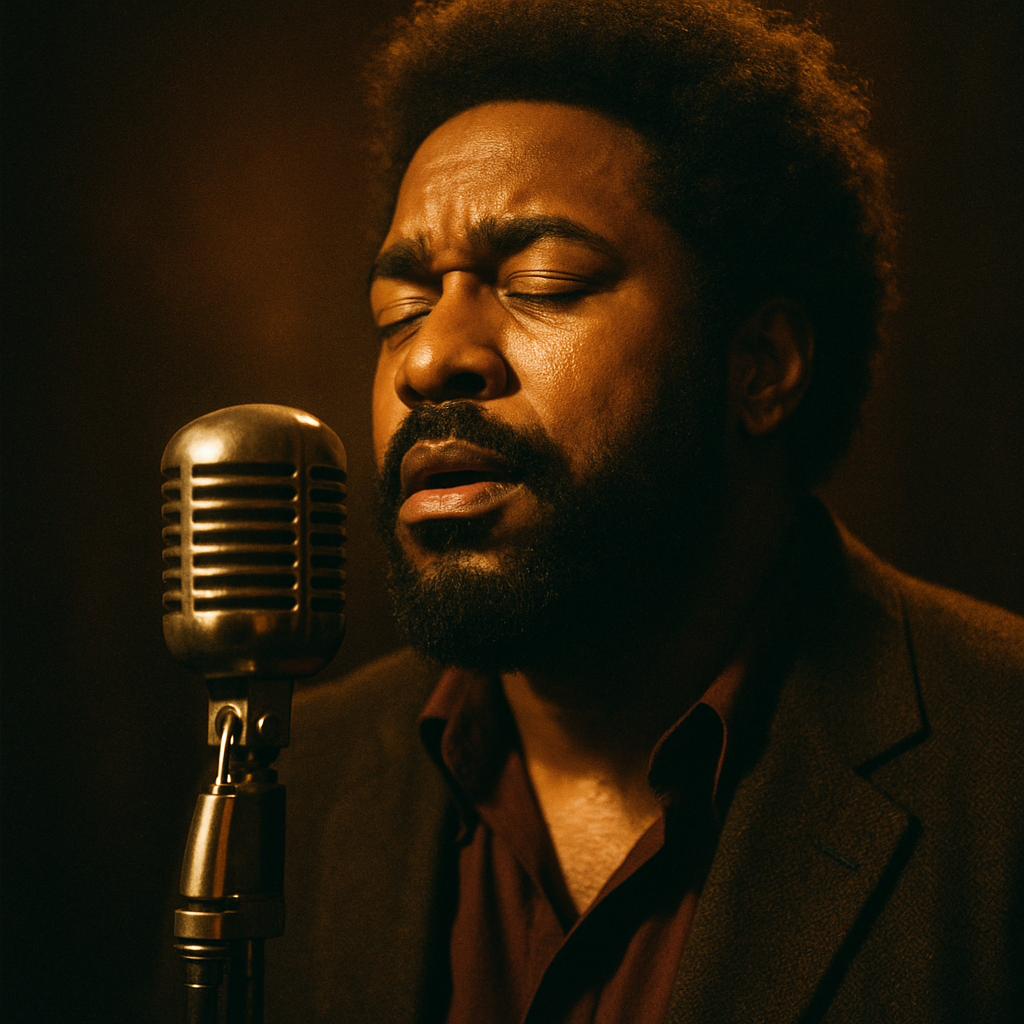 Soulful singer at a vintage microphone